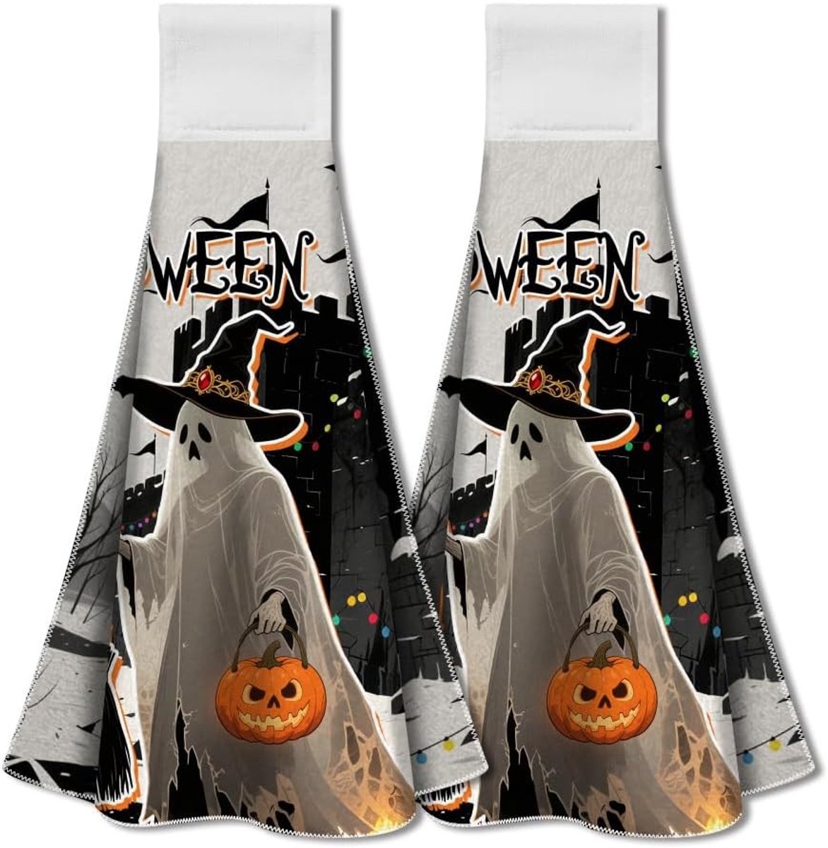 2 Pack Halloween Ghost Keuken Hangende Handdoeken met Lus, Decoratieve Pompoenen en Vleermuizen, Zachte Microfiber en Absorberende Theedoeken voor Spookachtige Decoratie