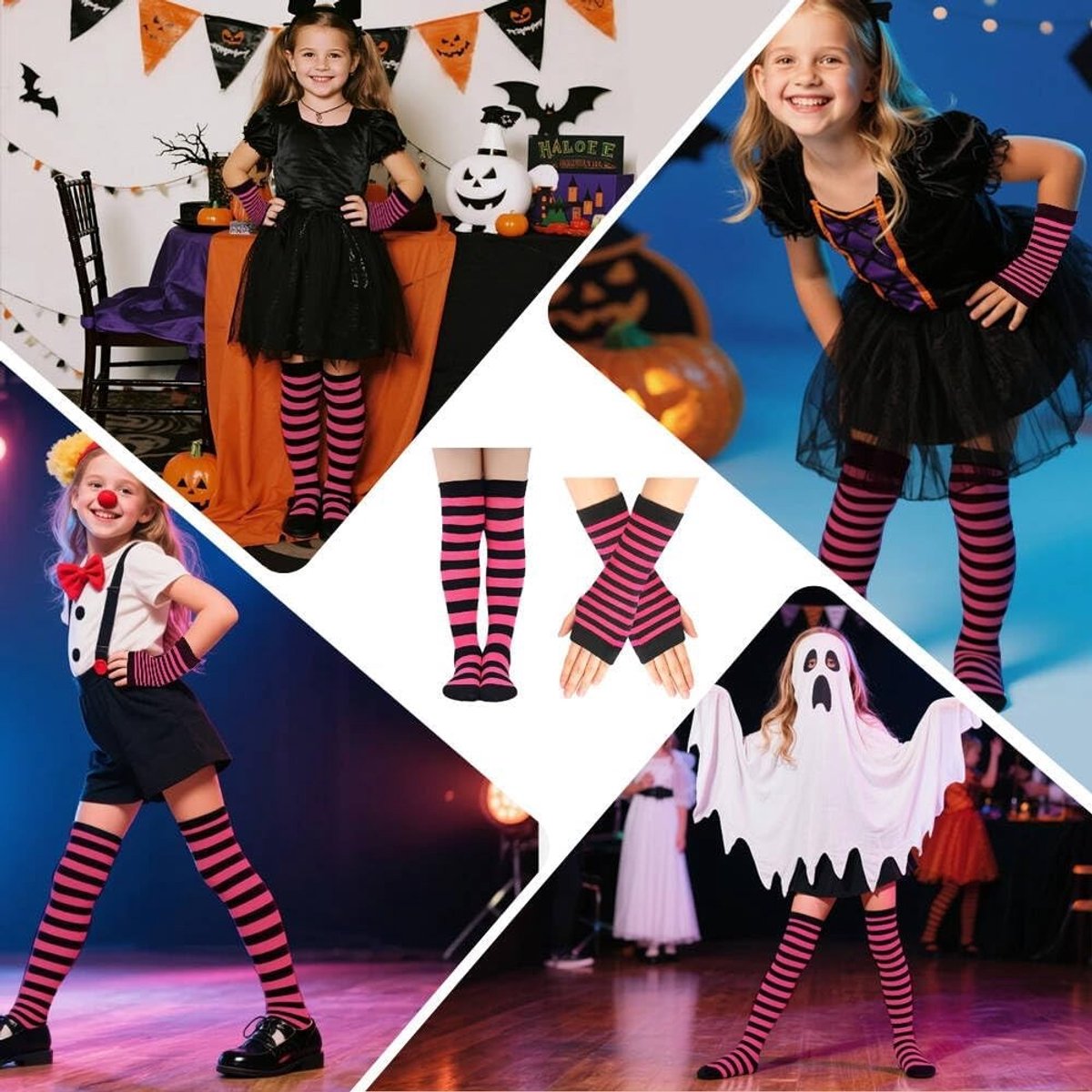 Over de Knie Kousen voor Meisjes van 6-10 Jaar, Kostuum Kousen met Lange Vingerloze Handschoenen voor Kerst, Halloween en Feestjes