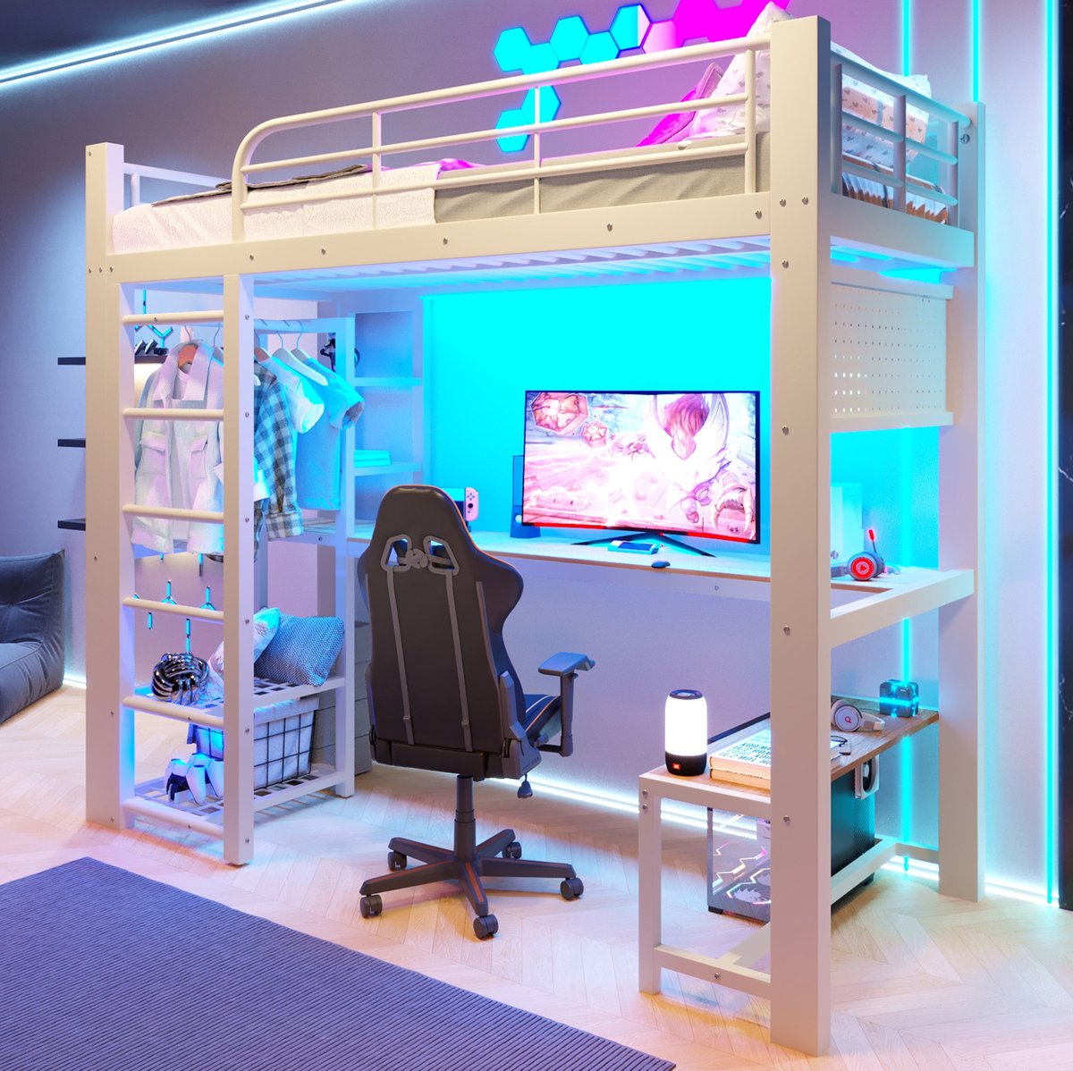 STILVORA Hoogslaper 90x200 cm – Met Bureau En LED-Licht – Trap Met Opbergruimte – Voor Jeugd- En Kinderkamer – Metaal – Wit – Zonder Matras