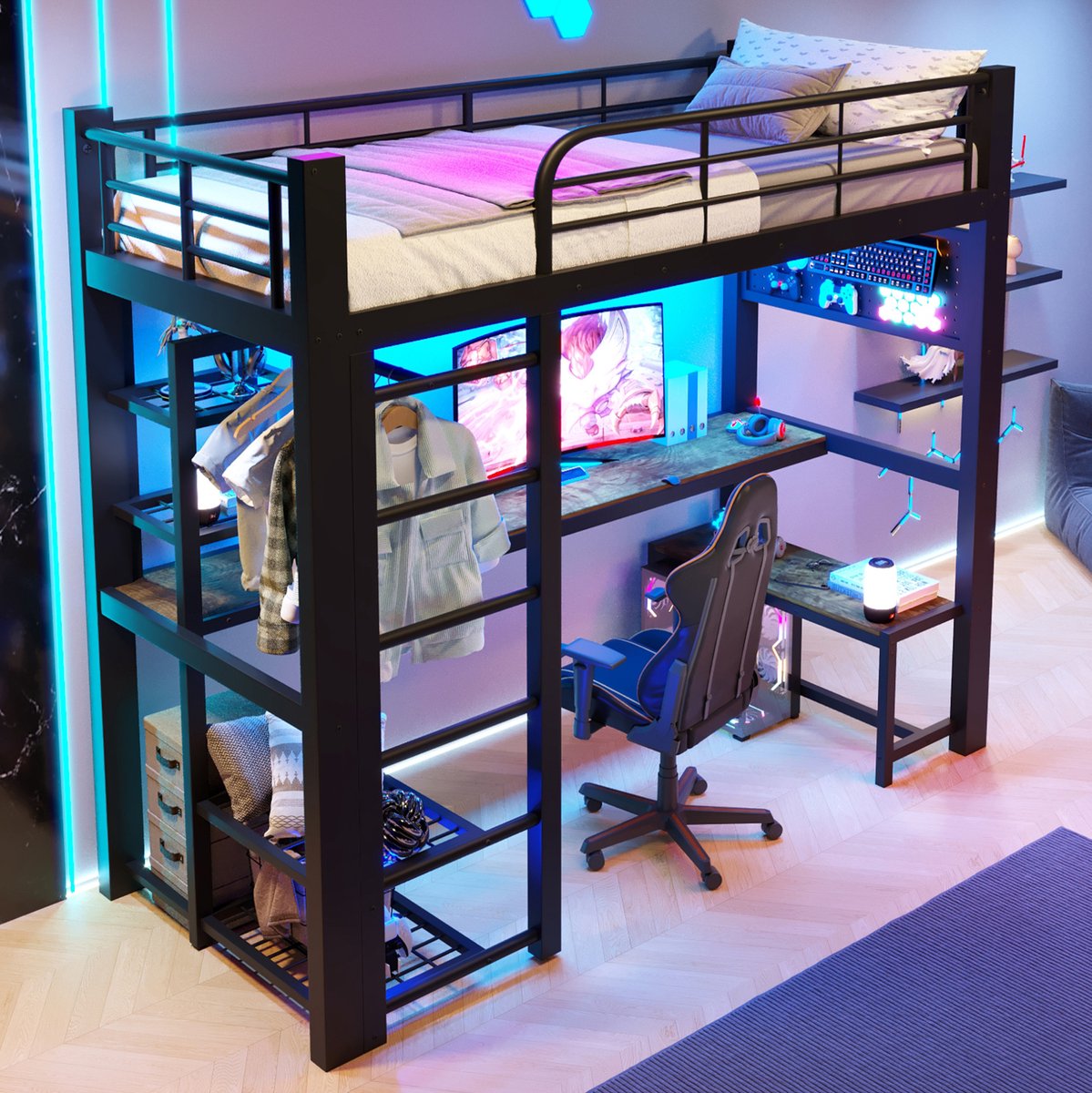 STILVORA Hoogslaper 90x200 cm – Met LED-Verlichting En Bureau – Opbergrekken En Kledingstang – Voor Jeugdkamer – Metaal – Zwart – Zonder Matras