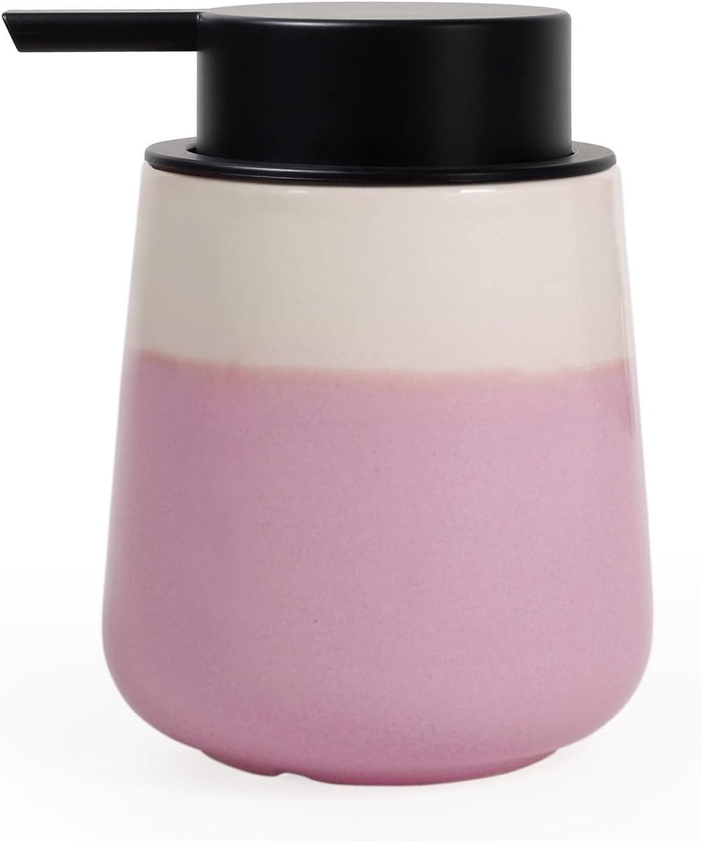 Ceramische Zeepdispenser voor Vaatwasmiddel, Roze, 350 ml, Navulbare Dispenser met Grote Pomp, Geschikt voor Badkamer en Keuken, Porselein met Reactieve Glazuur