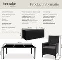 Technische details en afmetingen van een zwarte wicker tuinset met aluminium frame, glazen tafel en acht stoelen.