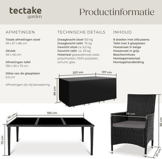 Technische details en afmetingen van een zwarte wicker tuinset met aluminium frame, glazen tafel en acht stoelen.