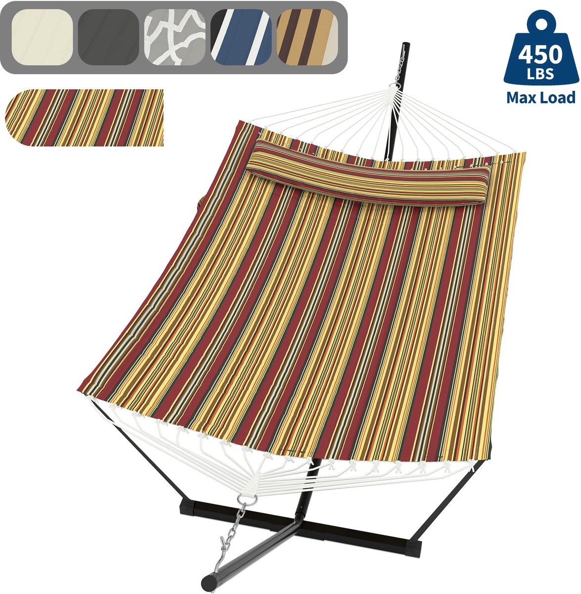 Hangmat Met Standaard - Schommelbed Binnen en Buiten - Afneembaar Kussen - 200kg Draagvermogen - Balans Touw - Voor Tuin Balkon Terras - Rood-gele Strepen