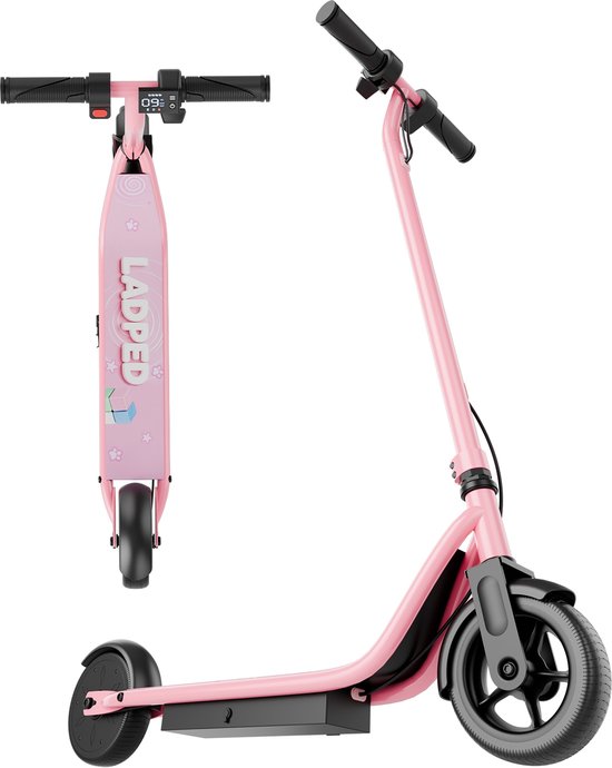Roze kinderstep met "LADPED" logo en bloemenprint. Twee aanzichten: van voren en van de zijkant.