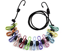 Draagbare waslijn - Waslijn met 12 Gekleurde Wasknijpers - Elastische Waslijn - Waslijn Camping - Wasdraad - Verlengd tot 3 meters - Drooglijn - Weerbestendig - 1.8 m Drooglengte - voor reizen, vakantie, outdoor, camping, slaapzaal - Zwart
