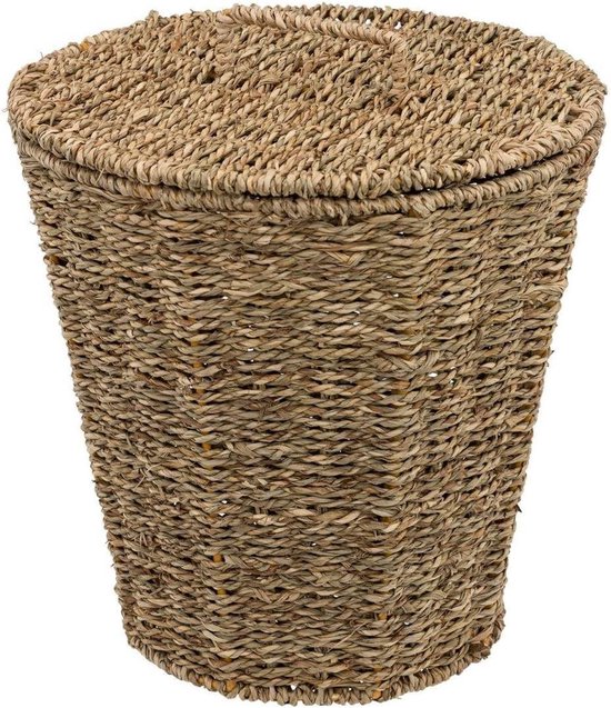 Ronde afvalmand met bijpassend deksel van gevlochten zeegras in natuurlijke bruine tinten.