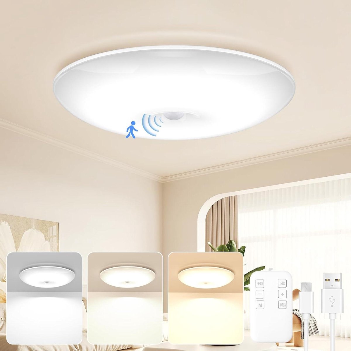 Led Plafondlamp - Met Sensor - Extra Verlichting - Oplaadbaar Dimbaar - 20 cm - Wit