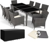 tectake® Wicker Tuinset - 8 Personen - 8 Tuinstoelen - Tuintafel met glasplaten - Incl. beschermhoes en 2 sets kussenhoezen - Afm. tafel ca. 190x90x75 (LxBxH) - Grijs