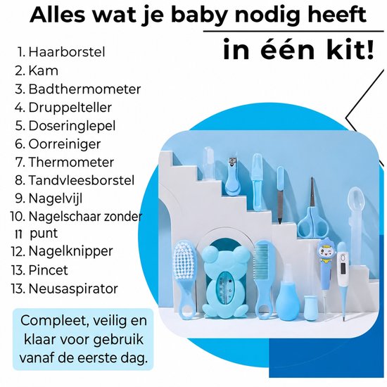 Ryoudavell - Baby Manicureset en Gezondheidsset - 13-in-1 Baby Care Kit - Medische Doseerlepel, Nagelknipper en Neusaspirator - Kraamcadeau Pakket - Blauw van Ryoudavell — afbeelding 2