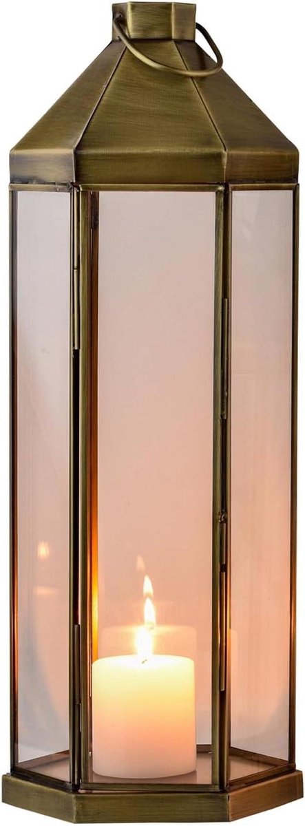 Decoratieve windlicht lantaarn - Kaarsenhouder vloer - Sfeervolle verlichting creëren - Oosters design - 39 cm groot - Goud antiek
