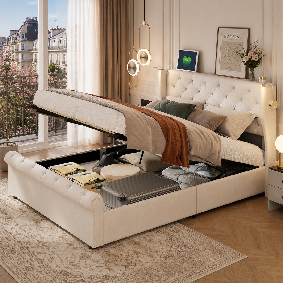 Opbergbed 140x190 cm met leeslampje en USB-poorten, tweepersoonsbed met grote opbergruimte