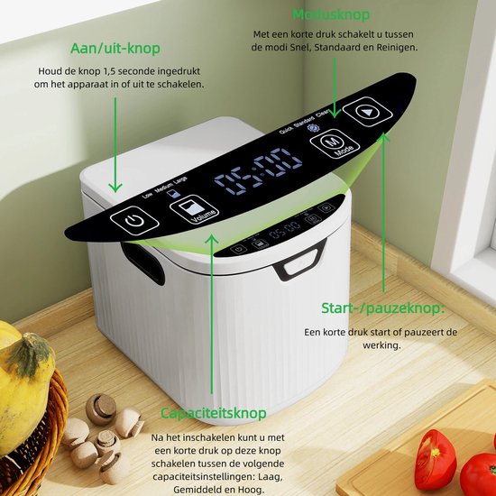 Witte compostbak met digitaal bedieningspaneel met knoppen voor aan/uit, volume, modus en start/pauze.