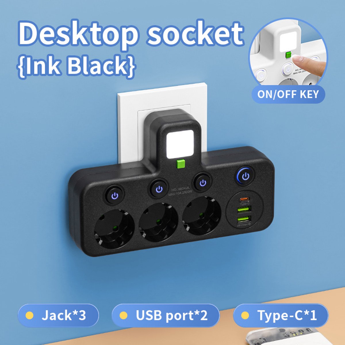 Ryoudavell - Eén naar meerdere - met schakelaar - USB-stopcontact, met USB slimme stekkerdoos - stekkerdoos - verlengsnoer - Type-C opladen - met nachtlampje - zwarte uitvoering 3