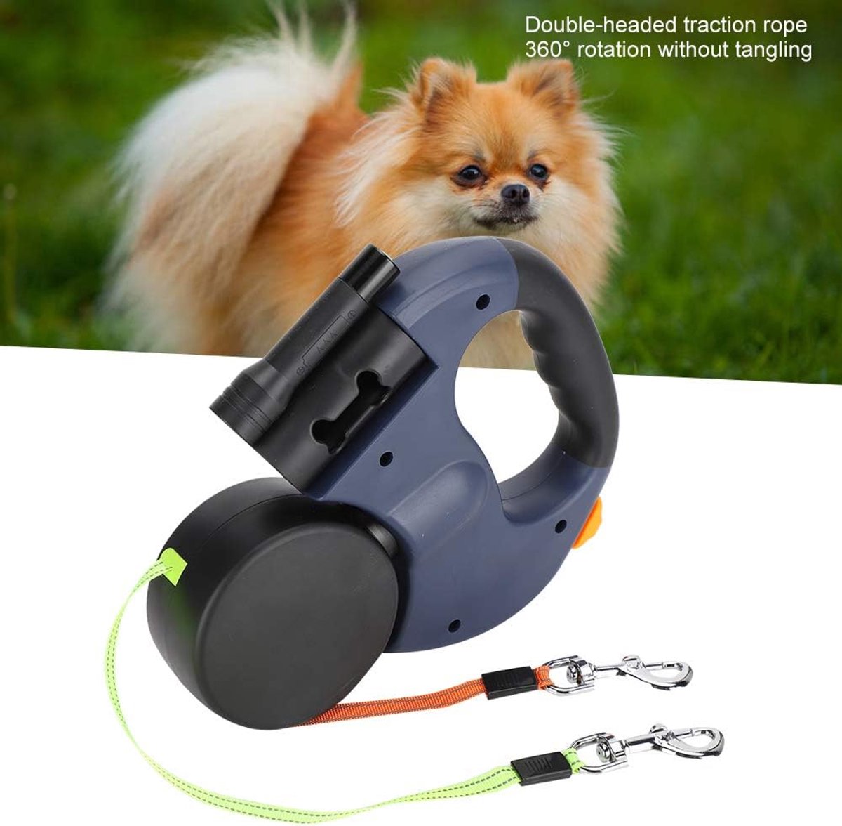 Thijox - Dubbele intrekbare hondenriem met LED-licht, flexibele hondenlijn voor 2 honden, donkergrijs ABS en nylon, ideaal voor buitengebruik