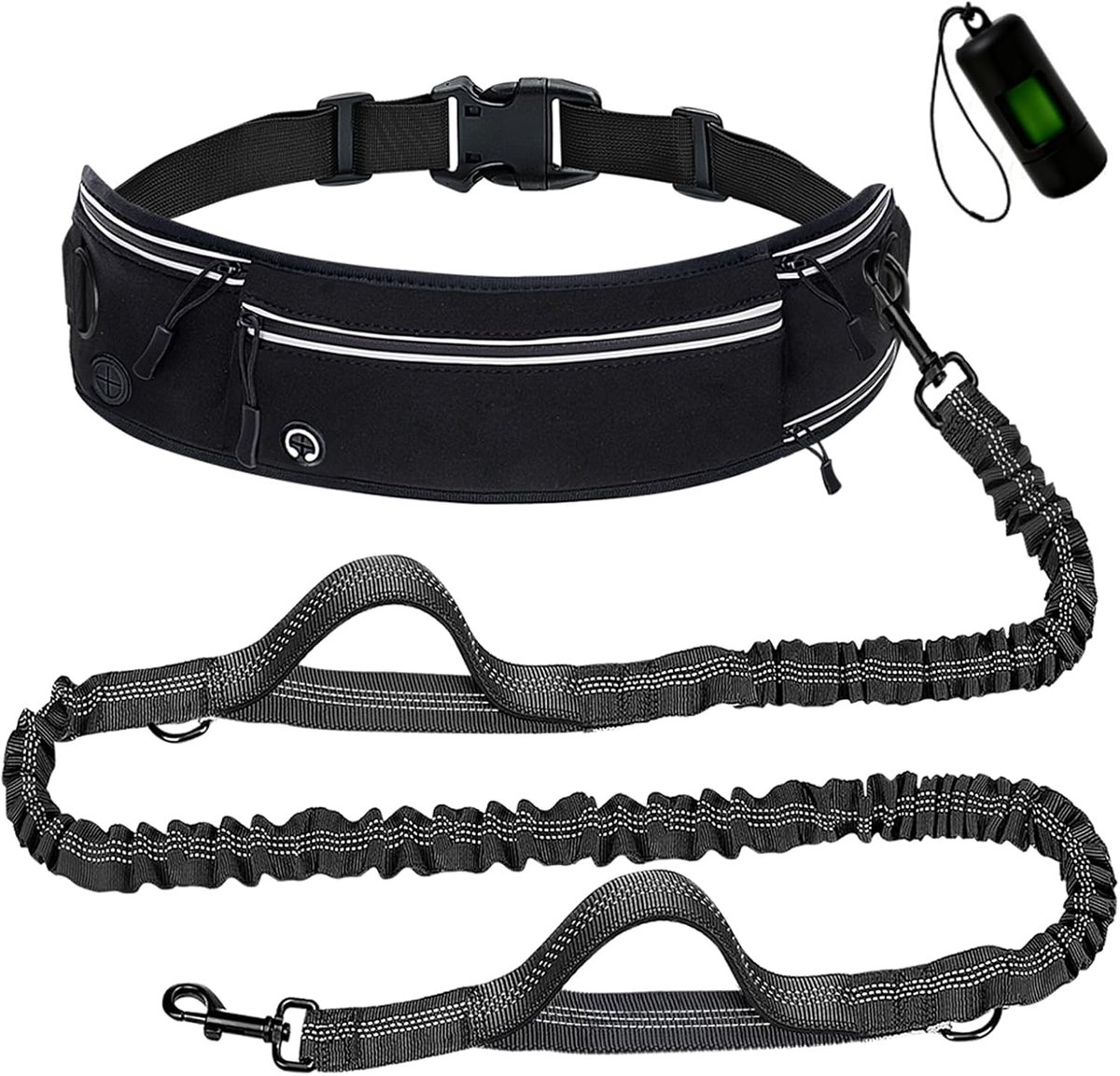 Thijox - Hondenriem voor Joggen met Beschermende Buikband, Handsfree Riem voor Grote Honden tot 120 kg, Zwart, Waterdicht, Reflecterende Strips, Schok