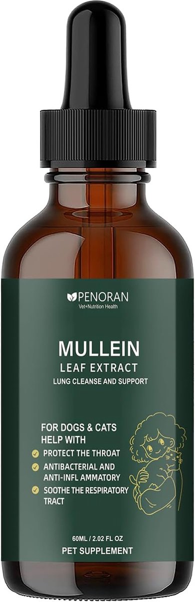 Thijox - Mullein Blad Extract Druppels voor Honden & Katten - Natuurlijk Hoestmiddel, Longreiniging en Ademsupport, Verzacht Keeloncomfort, 100% Natuu