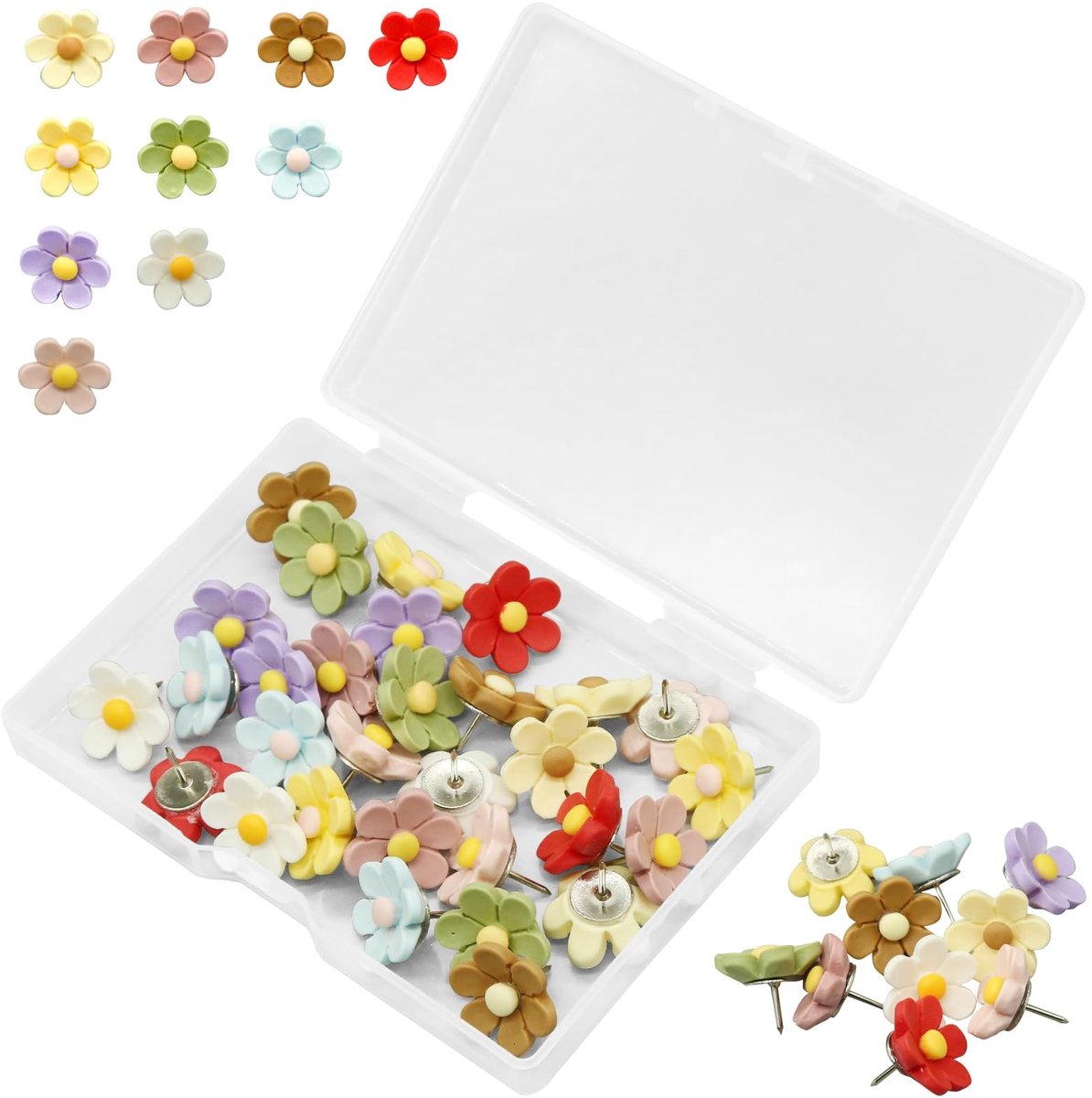 Dailygoods- Bloemdrukspelden 30 Stuks - Duimspijkers - Punaises voor Prikbord - Kurk - Kantoor - Decoratief - Hoogwaardig Metaal en Hars