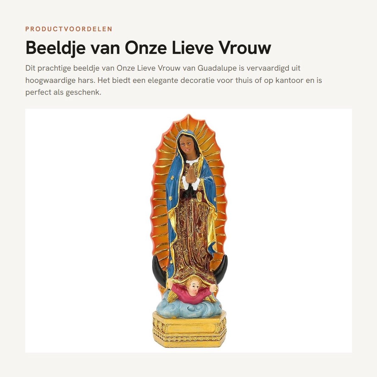 Dailygoods- Beeldje Onze Lieve Vrouw van Guadalupe - Religieuze Decoratie - Hars Sculptuur - Christelijk Beeld - Desktopdecoratie - 20 cm Hoogte - Religieus Beeld