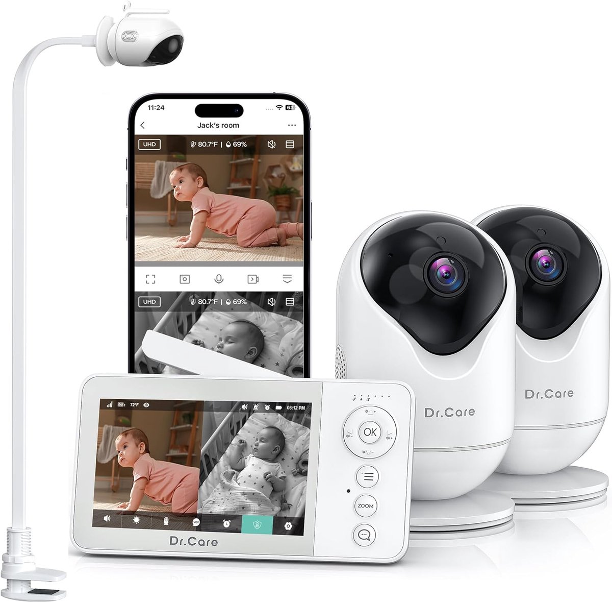 Thijox - Babyfoon Camera App 1080P, 4 Inch 720P Splitscherm, Bewegingswaarschuwingen, HD Nachtzicht, Tweerichtingsgesprek, Multi-gebruiker (2 Camera's