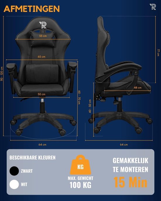 Thijox - Gamestoel Gaming Chair PC Stoel met 1D Armleuning, Verstelbare Rugleuning 90°-135°, Inclusief Rug- en Nekkussen, Zwart van thijox — afbeelding 2
