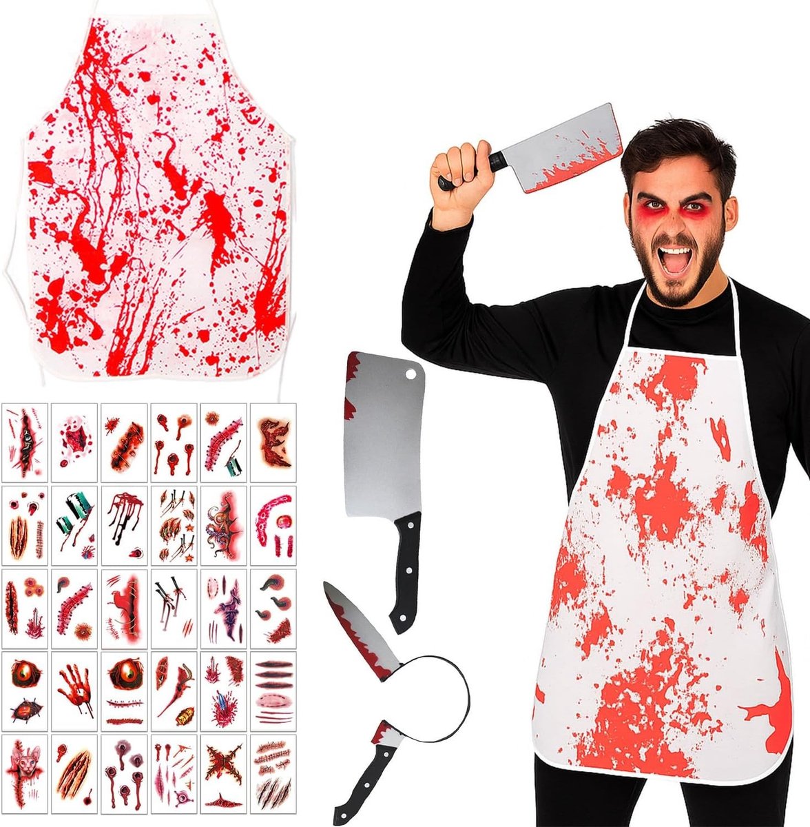 Engelse Butcher Halloween Kostuum met Bloedige Schort, Bloedende Mes en 30 Zombie Tattoos, Griezelig Kostuum voor Mannen, Carnaval, Cosplay en Feestjes