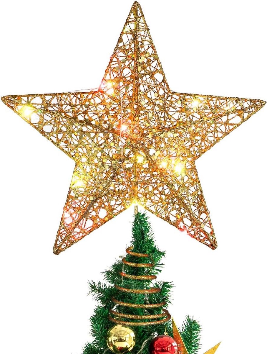Gouden Kerstster Topper met Warme Verlichting voor Boomdecoratie en Feestversiering (30 cm)
