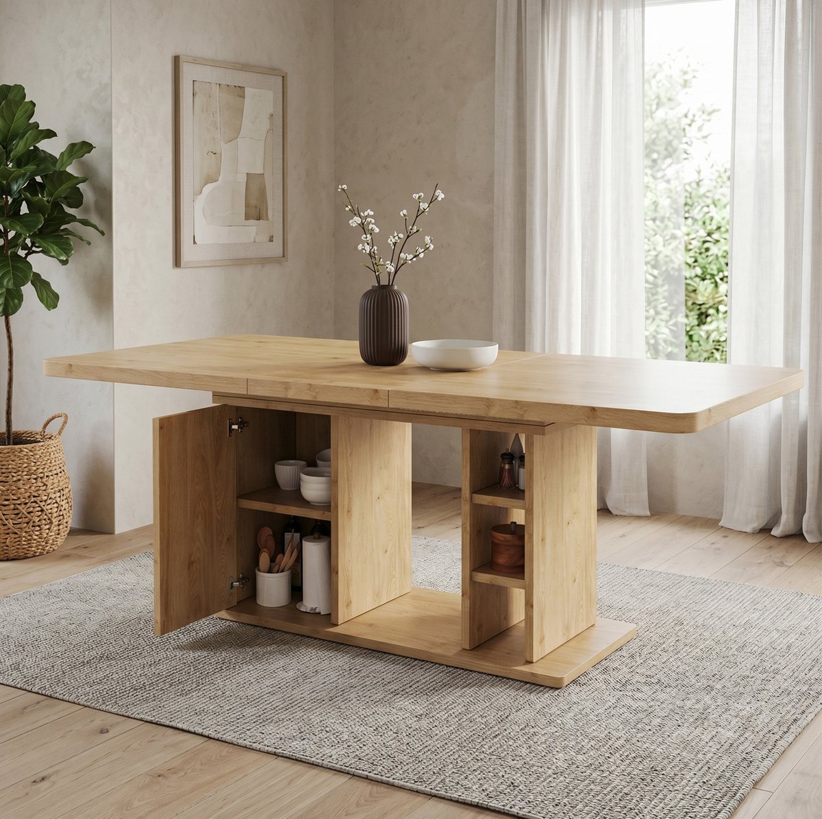 HAUSS SPOLE Eettafel - Uitschuifbaar Met Opbergruimte Voor 6 Tot 8 Personen - Scandinavisch Voor Eetkamer - MDF - 140/180x80x75 Cm - Eikenkleur