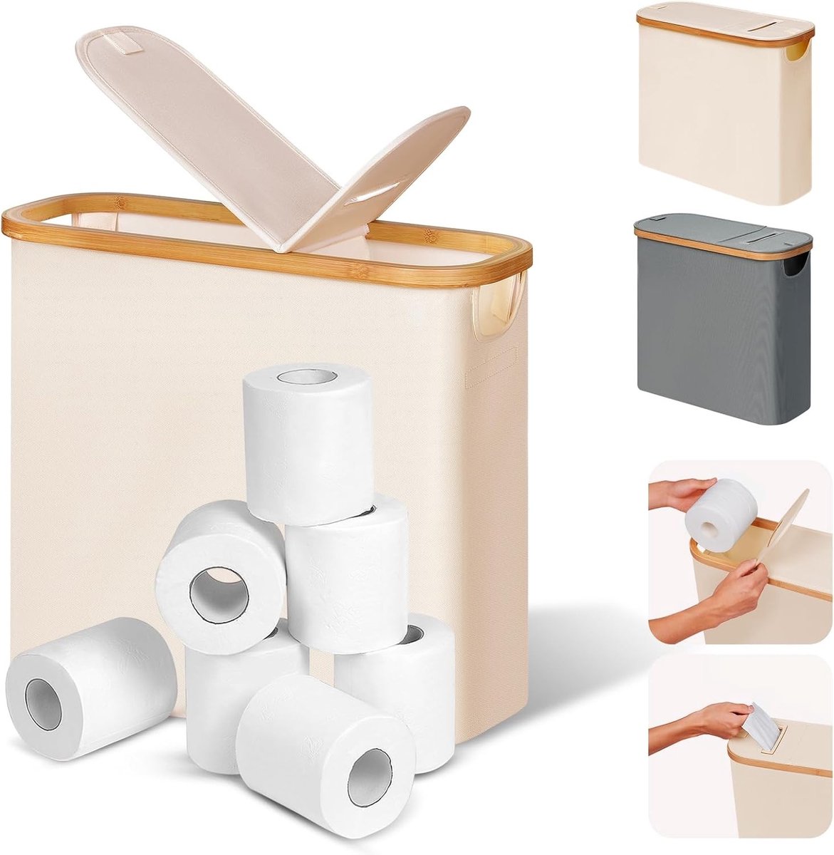28L 2-in-1 Toiletpapiermand met Deksel - Bamboe Opbergmand voor Badkamer, Geschikt voor 9-12 Rollen Toiletpapier, Beige