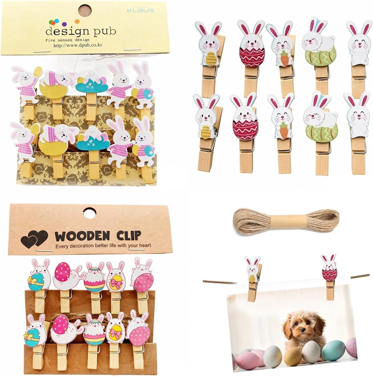 Set van 30 Mini Houten Fotoklemmen met 10 Meter Touw - Ideaal voor Pasen, Feestdecoraties
