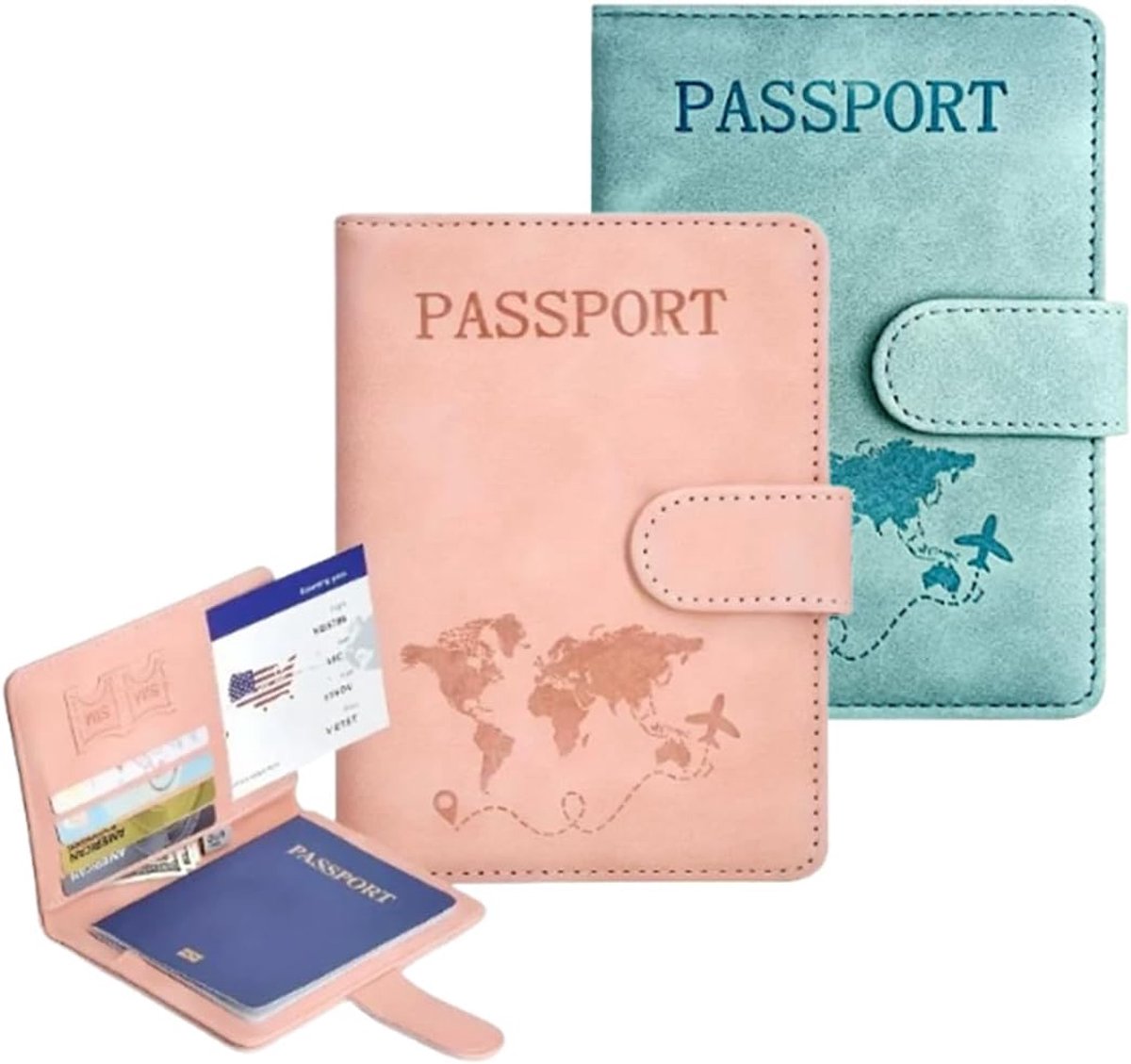 Thijox - 2 stuks paspoorthoezen roze en lichtblauw, paspoortorganizer met ruimte voor creditcards, identiteitskaarten, tickets en reisdocumenten, reis