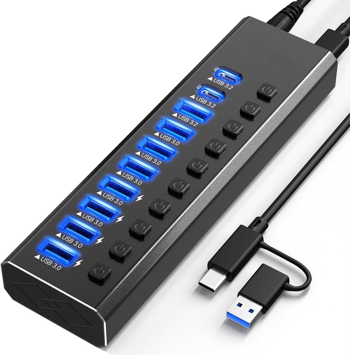 Thijox - Powered USB Hub 3.2, 10-poorts USB-C Hub 3.2 (10 Gbps) + 2 USB-C + 7 USB 3.0 Poorten met Individuele Aan/Uit-schakelaars, Aluminium Geaard, V
