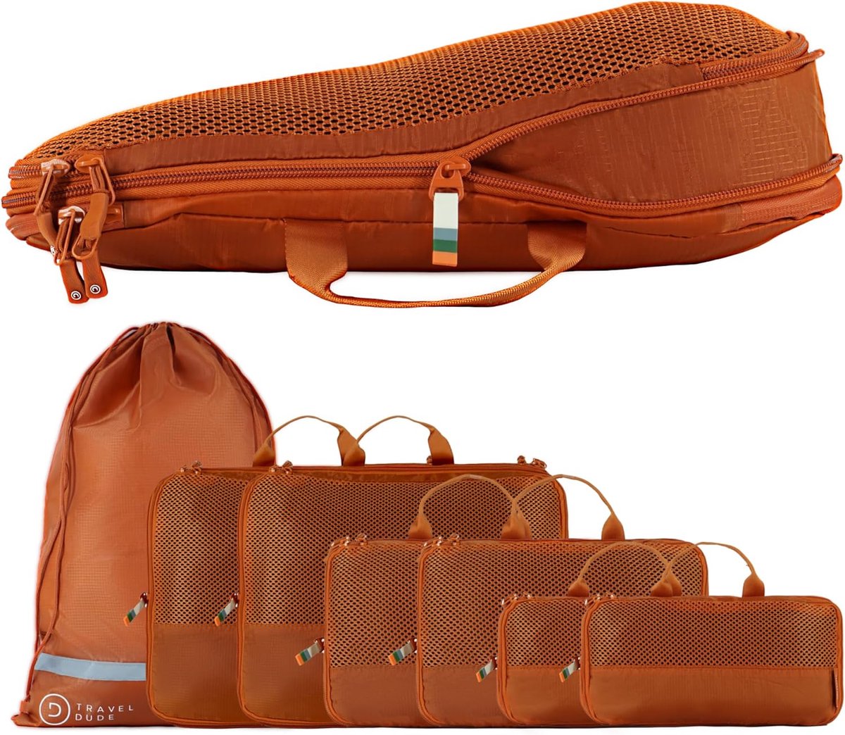 Thijox - Travel Dude Koffer Organizer met Compressie – Ruimtebesparende Packing Cubes voor Kleding, 7-delige Set Reisorganizers in Oranje voor Koffer