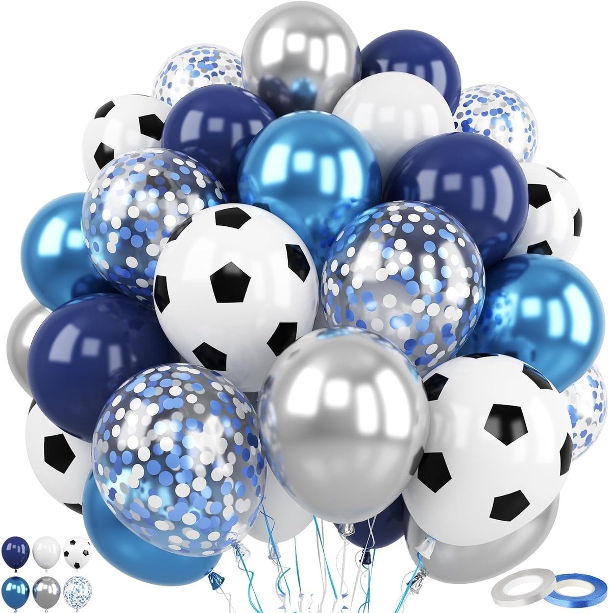 COOAU - Latex Ballonnenset - Voetbalballonnen - 50 stuks 12 inch metallic blauw, zilver en wit confetti voetbalpartij latexballonnen - Voor kinder- en jongens voetbal verjaardag - Sportfeestdecoraties - Sport babyborrel