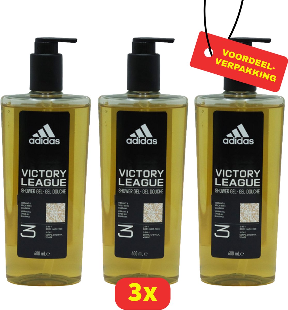 Adidas Victory League 3-in-1 Douchegel met Pomp – Lichaam, Gezicht & Haar – 3x 600 ml - Voordeelverpakking!