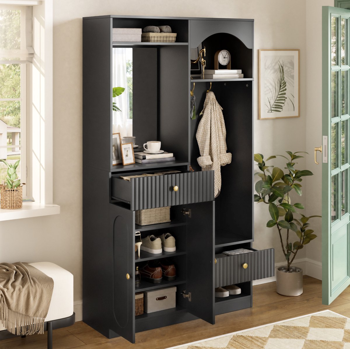FloraGrace Schoenenkast - Halgarderobe Met Spiegel, Haken En Ledverlichting - Opbergruimte Voor Hal - MDF - 100x35x180 Cm - Zwart