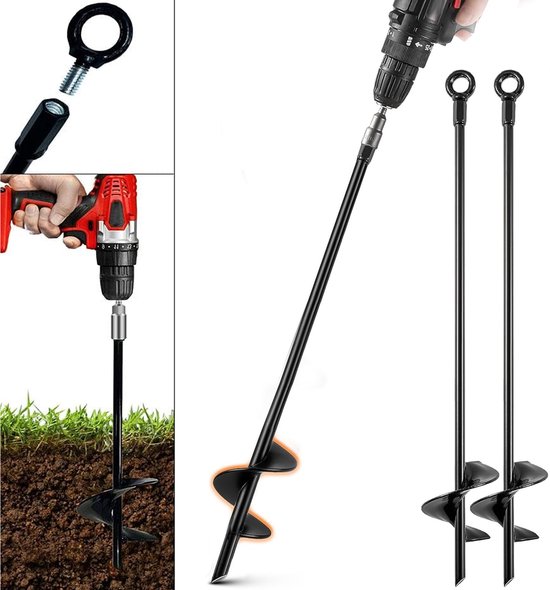Set van 2 Grondankers - 46cm Zware Uitvoering - Grondpen met 7cm Spiraalblad - Stormbeveiliging voor Trampoline, Speeltoestel, Carport & Partytent - Massief Staal - Inclusief Afneembare Oogringen - Zwart
