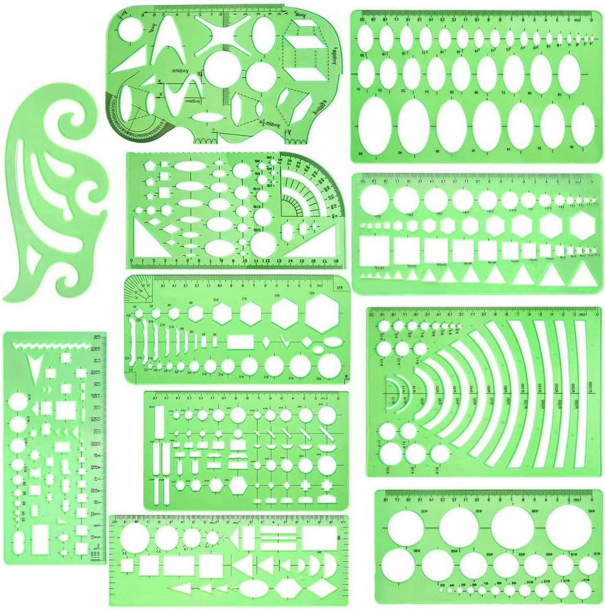 Tekensjablonen Set - Meetlinialen Tekenen - Bouwkundig Ontwerp - 11 Verschillende Vormen - Tot 25cm - Groen