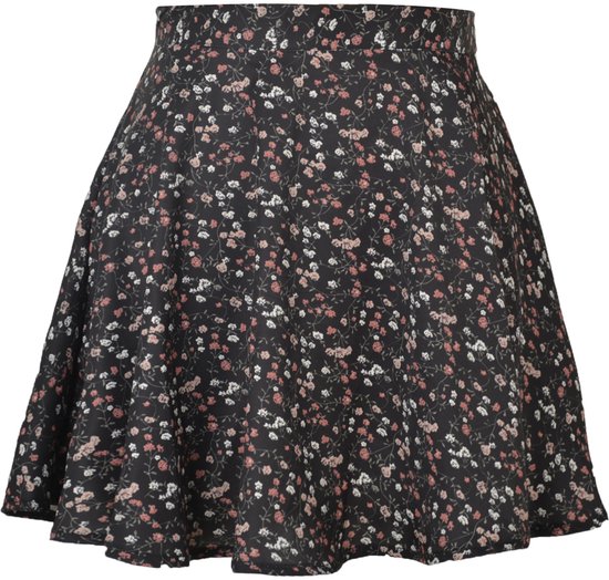Zwarte skaterrok met een fijne bloemenprint in roze en wit.