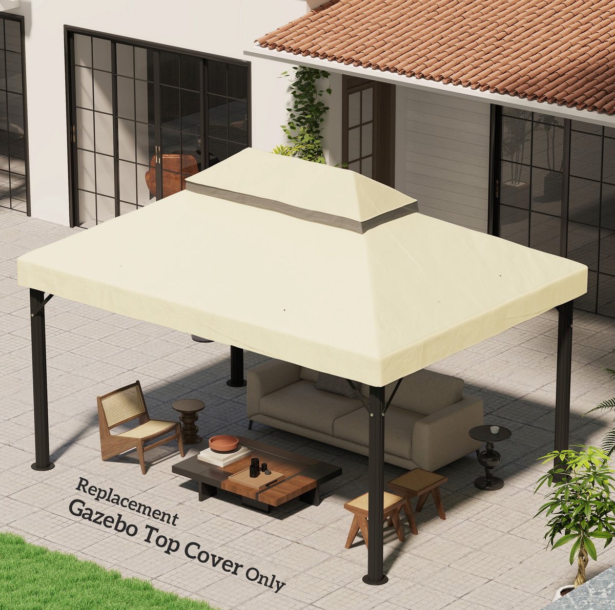 MEUNIQ Vervangingsdak voor partytent 3 x 4 m dubbel dak met waterafvoeropeningen UPF30+ Oxford stof voor tuin terras en feesttent frame Crème