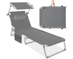 tectake® Ligbed met Zonnescherm - Zonnestoel - Ligstoel - 4 standen- Inklapbaar- Grijs - 68 x 190 - Met Zijvak en Hoofdkussen