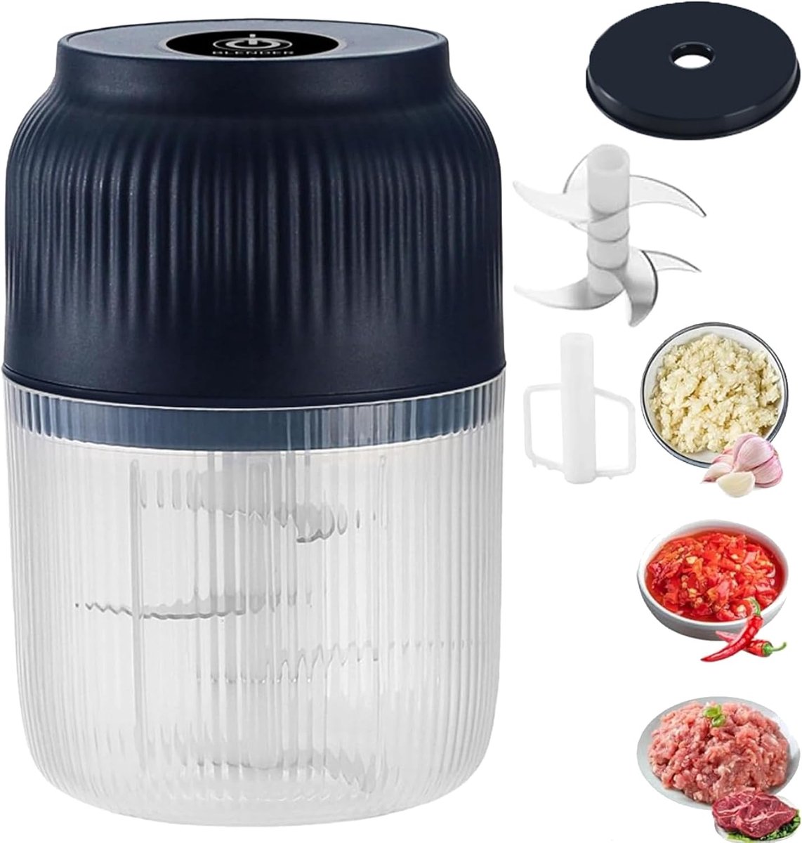 VHV - Hakmolen - Elektrische Knoflookpers 350 ml - 6 Messen - Blauw - Voor Keuken