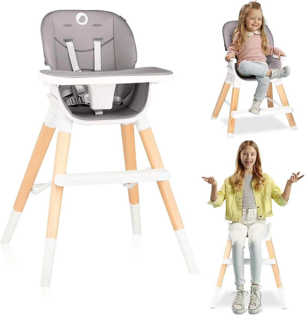 Kinderstoel 4-in-1 - Eetstoel Baby - Gezellig Tafelen - Groei mee met kind - Tot 75 kg - Grijs