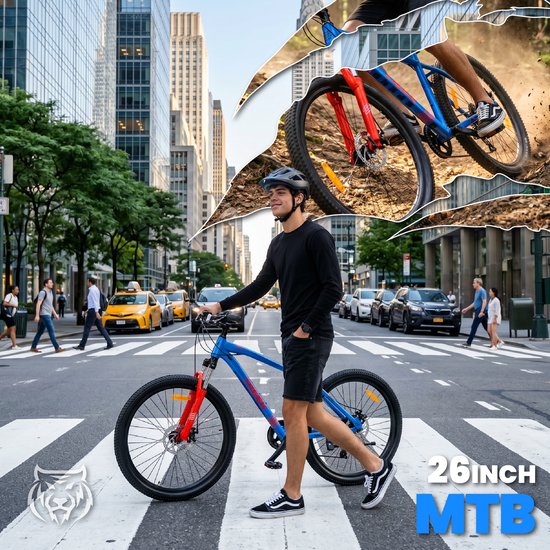 SUN BABY TIGER BIKE Mountainbike 26", MTB-fiets voor jongens en mannen, jeugd fiets 26 inch - stalen frame, 7 versnellingen, schijfremmen, vering - Blauw-Oranje van Sun Baby — afbeelding 4
