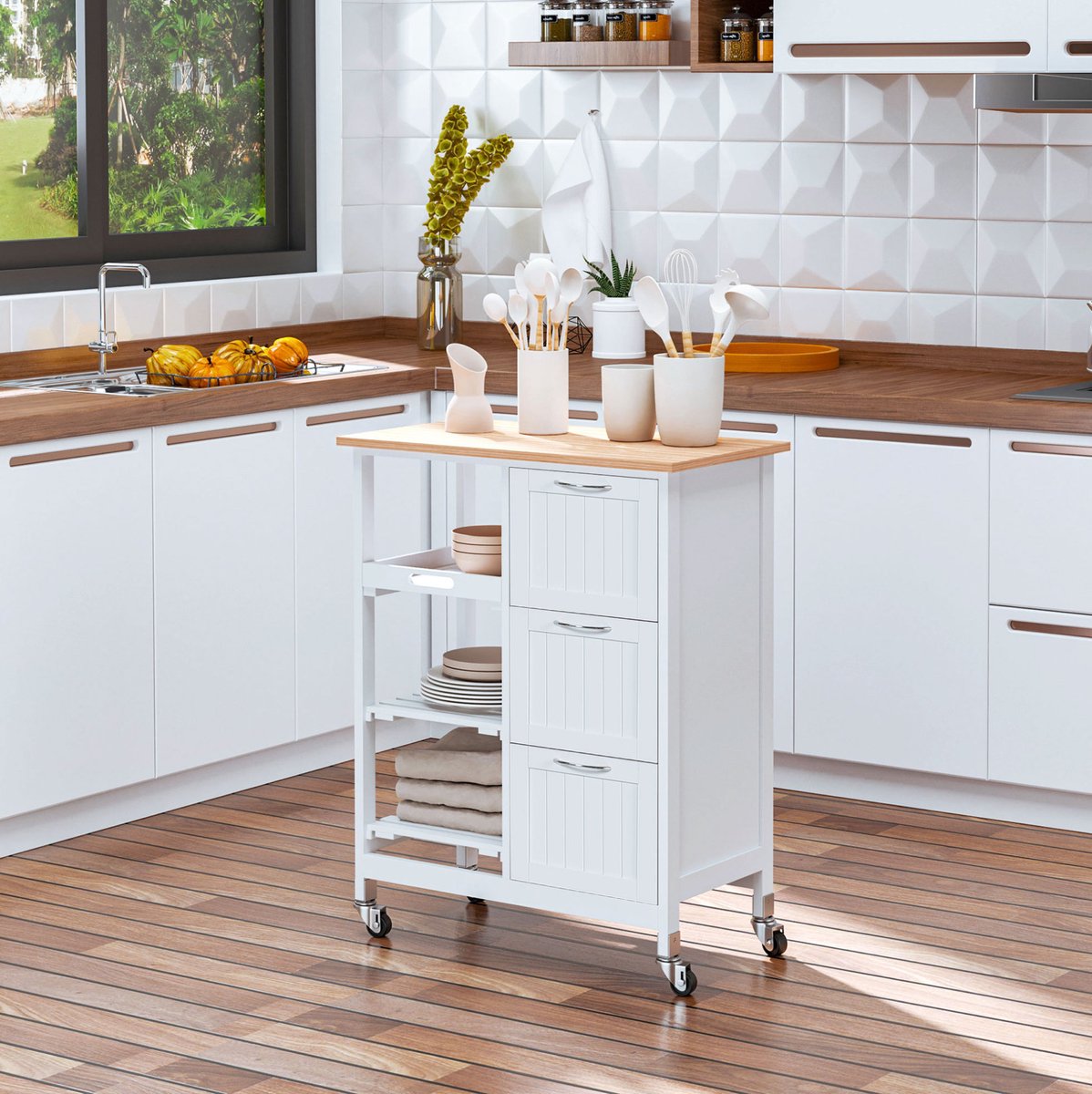 DESMIU Keukenwagen - Serveerwagen Met 3 Laden En Open Opbergruimte - Verrijdbaar Voor Keuken Of Koffiehoek - MDF En Grenen - 67x37x87 Cm - Wit