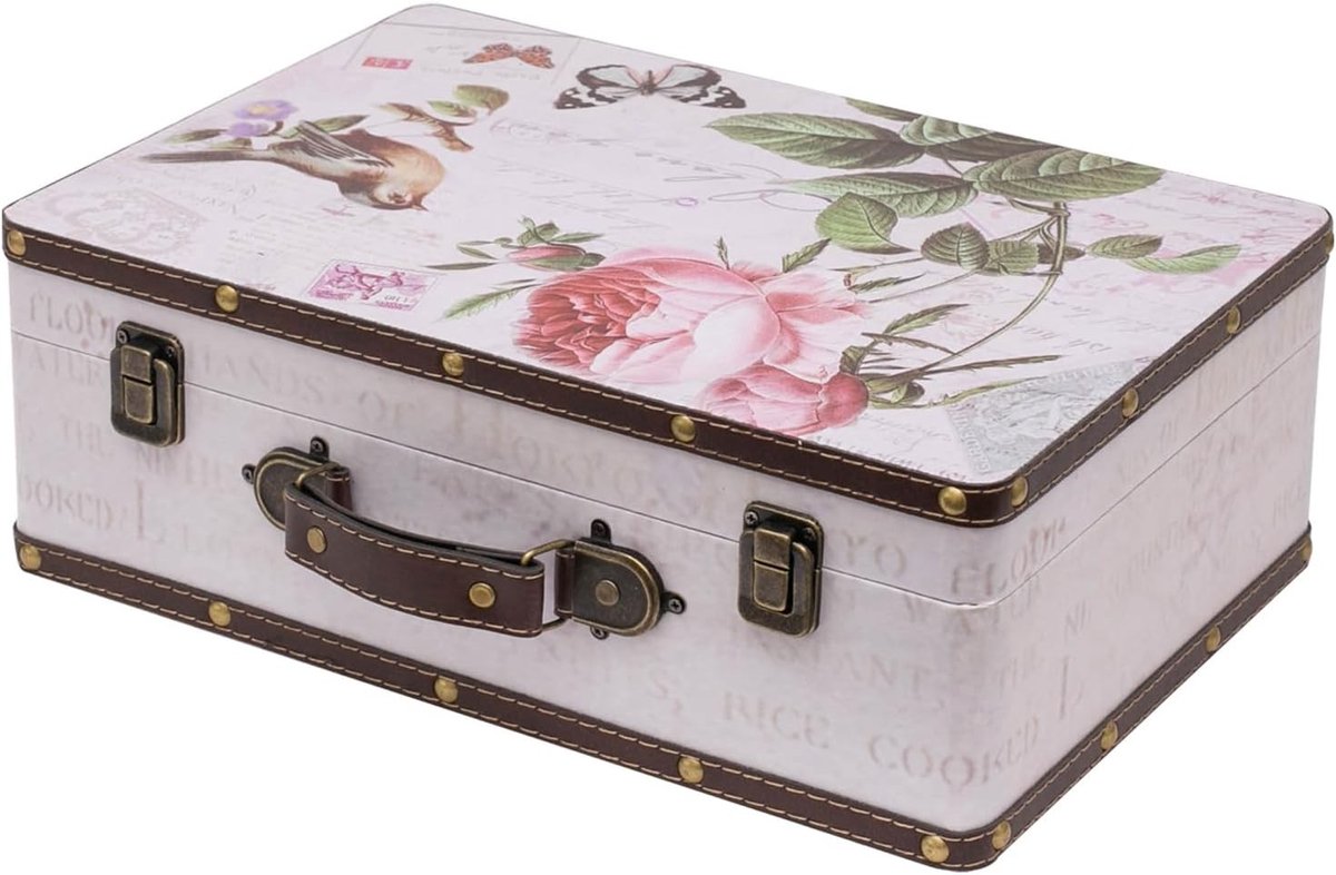 Vintage Houten Decoratieve Koffer, Opbergdoos met Deksel en Leren Handvat, Stijlvolle Opbergoplossing en Cadeau-idee voor Bruiloft of Verjaardag | Roze | 38 x 26 x 13 cm
