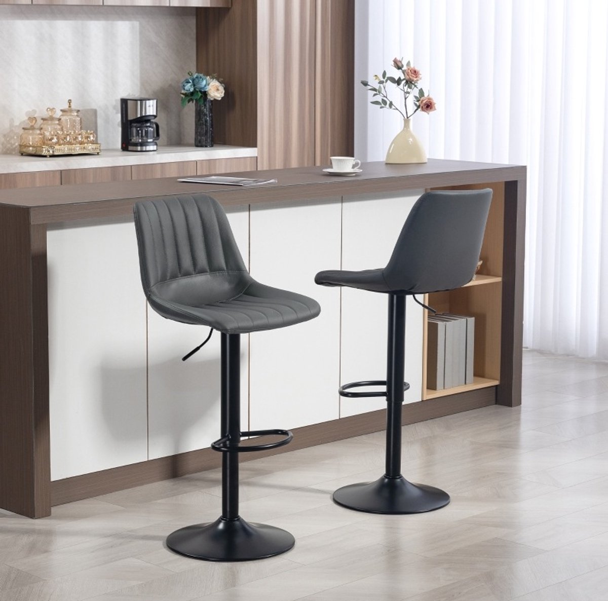 MEUNIQ Barkrukken set van 2 in retro vintage stijl, kunstleer, in hoogte verstelbaar 59-79 cm, 360° draaibaar, met rugleuning en voetensteun, donkergrijs Dark Gray