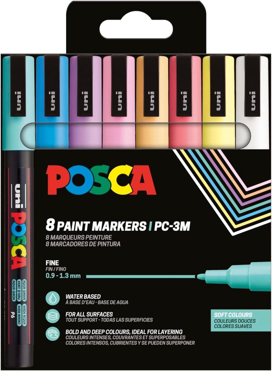 Thijox - POSCA Marker Set 8 Stuks Acrylstiften PC-3M, Permanente Marker 0,9-1,3 mm Ronde Punt, Kleurrijke Stiften voor Creatief Schrijven, Tekenen, Ho