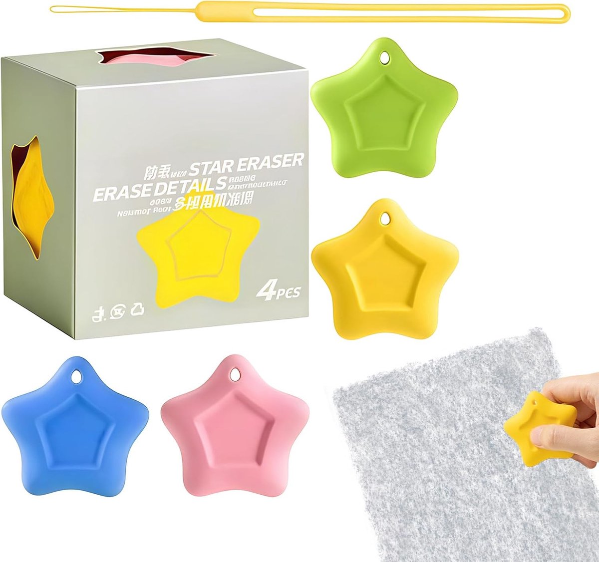 Thijox - Ster Gummen voor Kinderen | 4-delige Set met Koord - Ideaal voor Klaslokaal, School, Studenten, Kunstenaars en Thuiskantoor | Anti-verlies Gu