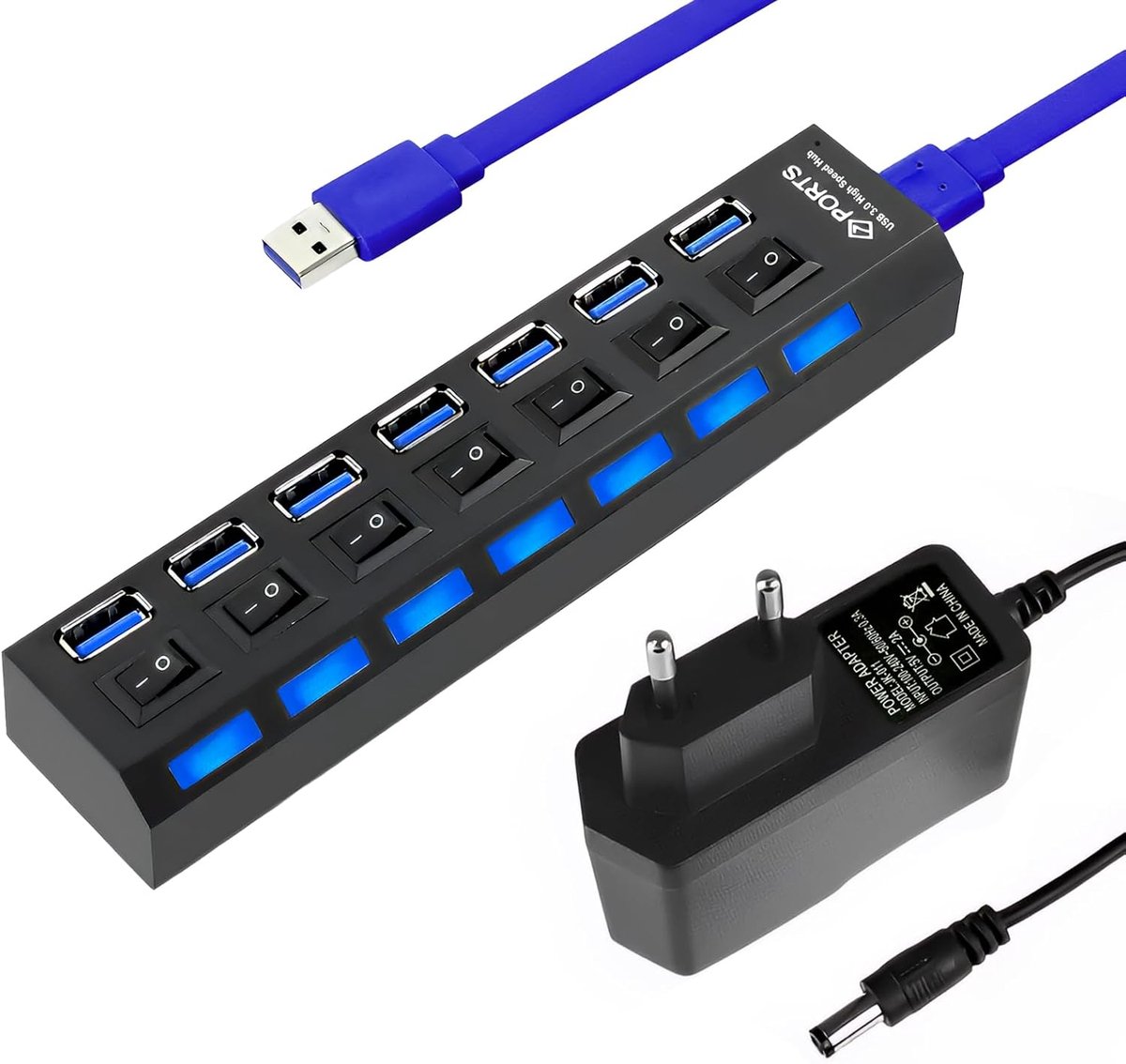 SnelShoppen - USB Hub 7 Poorten - USB 3.0 Hubs voor Snelle Gegevensoverdracht, Compact en Lichtgewicht, Ideaal voor Thuis en Kantoor, Zwart